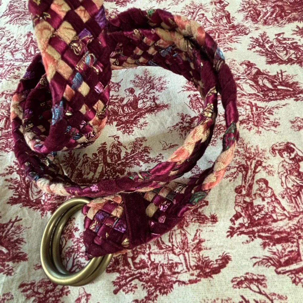 Large Upcycled Woven Boho Tapestry Textiles Belt, Dark Pinks, Double loop buckle